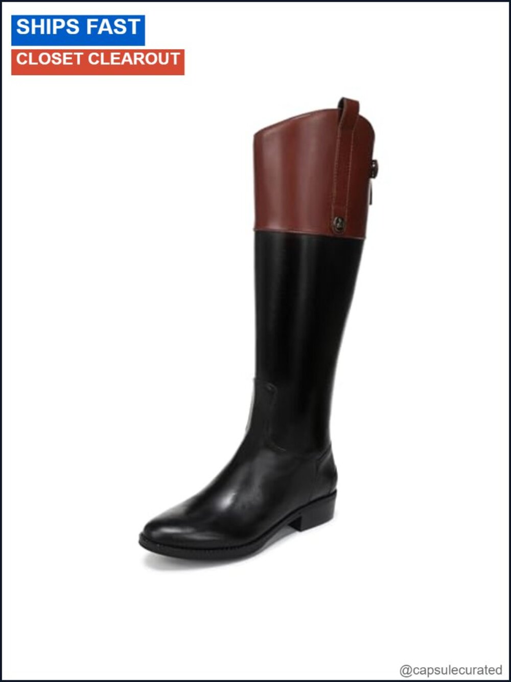 Leather Mid-Calf Riding Boots with Zipper Closure Pull-On Tab Block Heel Round